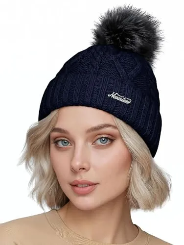 Neverless® Damen Bommelmütze mit Fleecefutter Pudelmütze Strickbeanie Strickmütze Wintermütze Navy Unisize