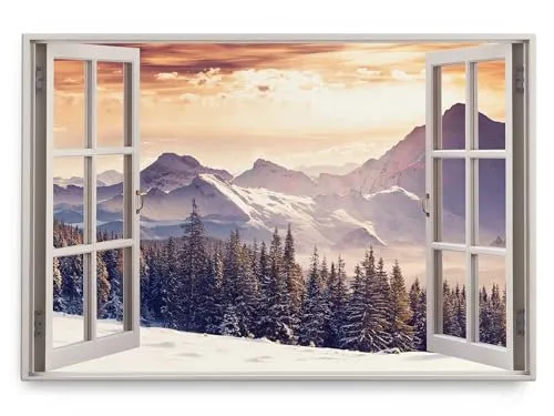 Paul Sinus Wandbild 120x80cm Fensterbild Tannenwald Berge Winter Schnee Sonnenuntergang