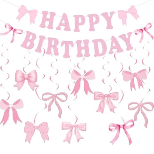 Happy Birthday Girlande mit Geburtstagsdeko Schleife Rosa für Mädchen Frauen Geburtstag Party Deko