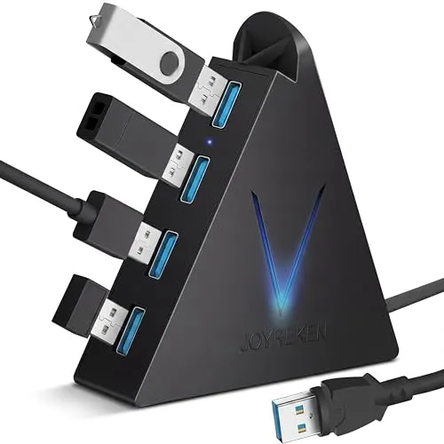4-Port USB 3.0 Hub, FlyingVHUB USB Hub Tower mit 60 cm verlängertem Kabel, RGB-Beleuchtung (mit Schalter), USB-Splitter für Laptop, PC, PS4, PS5, Xbox, Maus, Tastatur, Flash-Laufwerk, U-Disk(Schwarz)