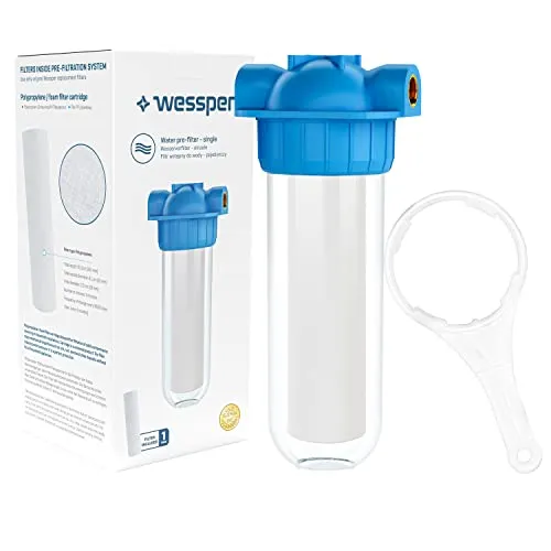 Wessper Vorfilter Hauswasserwerk, Wasservorfilter, 1- Stufiges Wasserfiltersystem mit Montageschlüssel und Wandhalterung, Schaumstoff – Filter – Gewindeddurchmesser 1