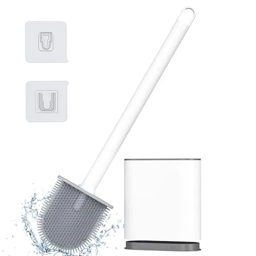Alyvisun Klobürste Silikon, WC Bürste Silikon, Toilettenbürste mit Halter, Schnelltrocknende WC Bürste Wandmontage, Toilettenbürstenhalter Ohne Bohren, Klobürste Set für Badezimmer, Weiß