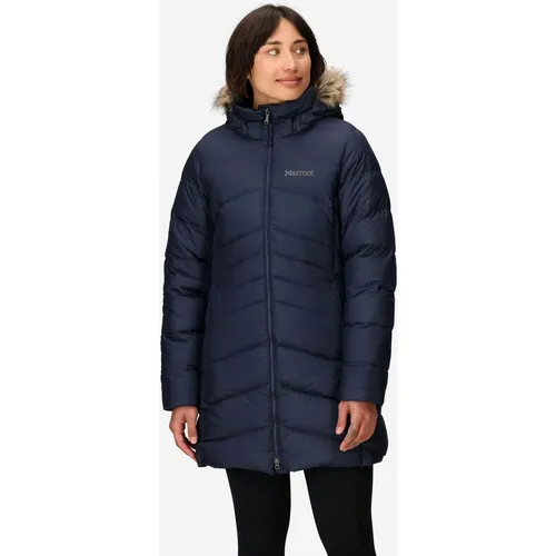 Marmot Wm's Montreal Coat - Midnight Navy L - Mäntel & Parkas für Damen, wasserabweisende 700er Daunenjacke mit abnehmbarer Kapuze und Kunstfell, ideal für kalte Tage in der Stadt.