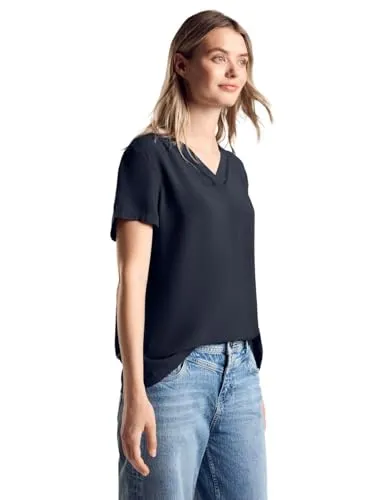 STREET ONE Damen A344812 Tunika Bluse mit Print, Deep Blue, 34 EU - Tanktops & Träger-Tops für Damen, stylisches Blusenshirt mit V-Ausschnitt und eleganter Stickerei aus softer Viskose für höchsten Tragekomfort.