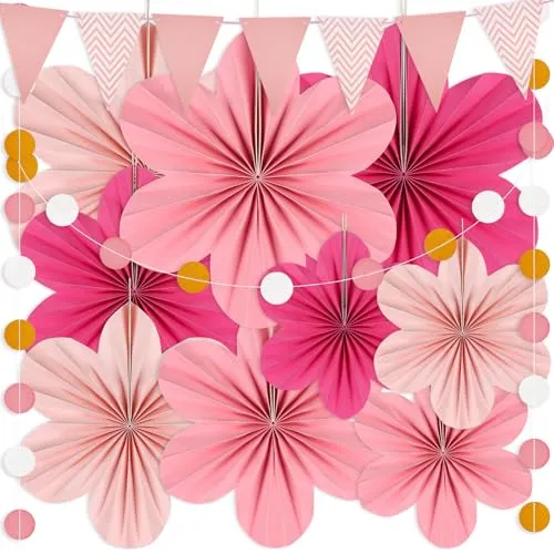 Stück Papierblumen zum Aufhängen, Papierfächer Papierblumen Deko mit 2 Stück Zugfahnen, Geburtstagsdeko Mädchen Rosa Deko, Frühlingsdeko Party Deko für Hochzeit, Geburtstag, Babyshower 9