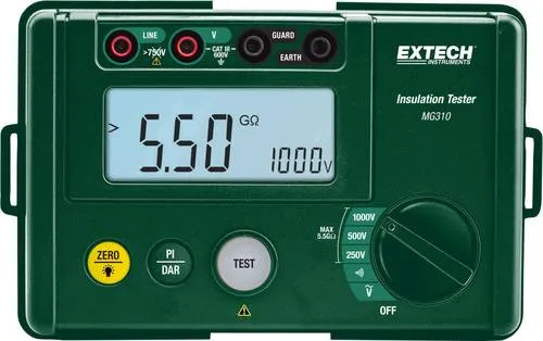 Extech MG310 Isolationsmessgerät 250 V, 500 V, 1000V 5.5 GΩ - Multimeter für präzise Messungen von Isolationswiderständen und Wechselspannungen, ideal für Wartung und Inspektion in der Elektroinstallation.