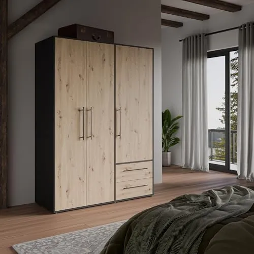 Forte MOKKARIS Kleiderschrank 140 150, moderner Drehtürenschrank, 3-türig, 2 Schubladen, Holzwerkstoff, Schwarz mit Artisan Eiche Holzdekor, 144,4 cm breit x 200,1 cm hoch x 58,8 cm tief