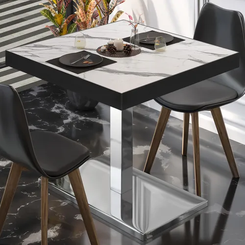 BM Bistrotisch 80 x 80 cm - Weiß Marmor & Edelstahl - Eleganter Bistrotisch mit robuster Marmorplatte und stabilen Edelstahlgestell. Ideal für Gastronomie und private Essbereiche – pflegeleicht und langlebig.