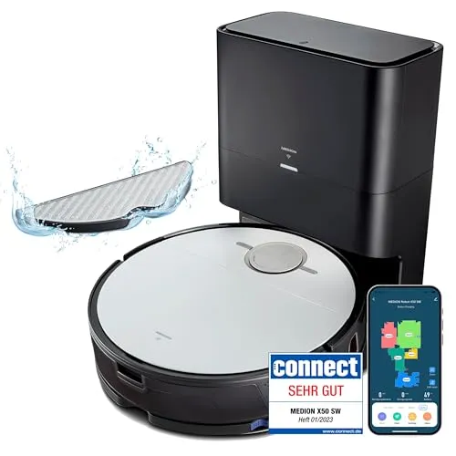 Medion Saugroboter X50 SW (MD20004) - mit Absaugstation, starke 8.000 Pa Saugkraft, intelligente Teppicherkennung und selbstreinigend