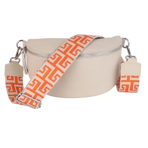 MIRROSI® Bauchtasche Damen, Echtleder, Made in Italy, Umhängetasche, Brusttasche, Crossbody Bag (1 Tasche & 2 Gurte) (Beige (NN Orange), Kleine Tasche (22x13x6cm))
