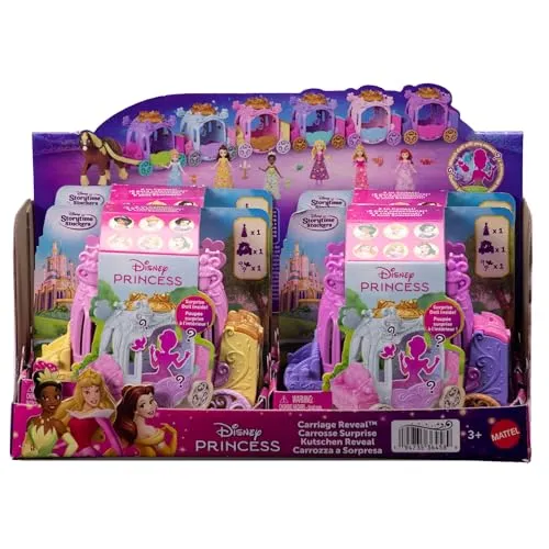 Mattel Disney Princess Spielzeug, Überraschung kleine Puppe und Kutsche mit 1 Freundefigur, Kutschen-Enthüllung, inspiriert von den Filmen (Figuren können abweichen), JLH89