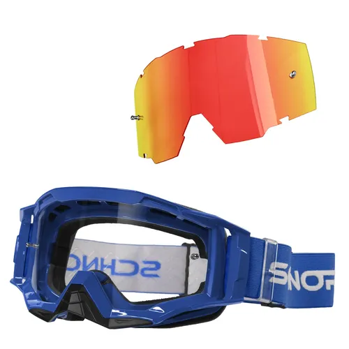 SCHNORR MX Neo Motocross Brille Blau mit Anti-Fog & Wechselglas - Die SCHNORR MX Neo in Blau bietet klare Sicht und hohen Tragekomfort. Mit Anti-Fog-Beschichtung und Tear-Off-Kompatibilität ist sie ideal für Offroad-Abenteuer. Flexibler Rahmen aus 100 % TPU sorgt für perfekte Passform.