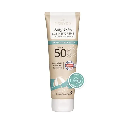 MABYEN 100% Mineralische Sonnencreme Baby & Kids LSF 50, 100ml – Sofort-Schutz ohne Einwirkzeit, wasserfest und parfümfrei - MABYEN 100% Mineralische Sonnencreme für Babys und Kinder bietet sofortigen Sonnenschutz mit mineralischen UVA/UVB-Filtern. Die sanfte, wasserfeste Formel zieht schnell ein und ist ideal für die empfindliche Haut der Kleinsten.