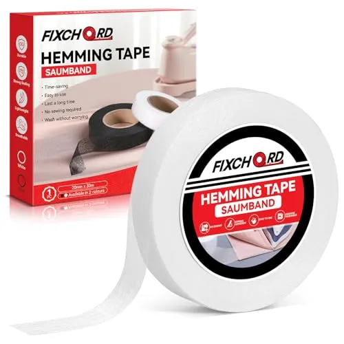 FIXCHORD Saumband, Saumband zum Aufbügeln, Bügelband zum Aufbügeln, Bügelband zum Kürzen für Vorhänge, Bügelkleber für Textilien, Gardinen kürzen ohne Nähen (Weiß, 30m x 20mm)