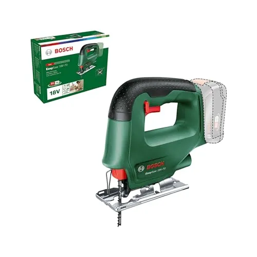 Bosch Akku Stichsäge EasySaw 18V-70 – Handlich und leistungsstark für Heimwerker - Sägen, ideal für Einsteiger und Hobbyheimwerker. Kompakte Bauweise, schneller werkzeugloser Sägeblattwechsel und variable Geschwindigkeitsregulierung für präzise Schnitte.