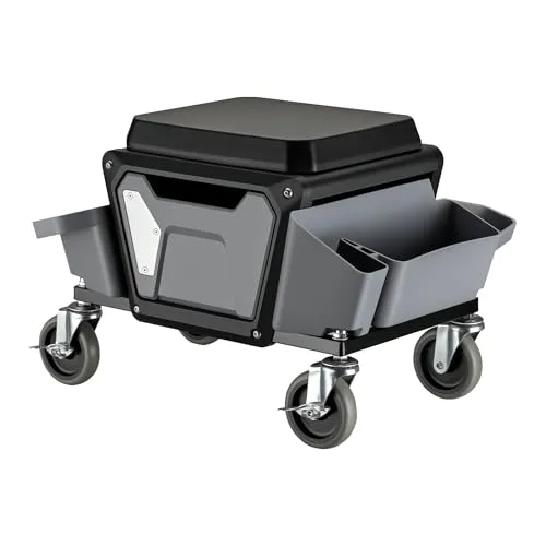 Wiltec Rollsitz 53 x 38 x 38 cm bis 120 kg, Werkstatthocker mit Rollen, Rollhocker mit Werkzeugablage, Werkstattstuhl mit Abnehmbarer Teileablage, Montagehocker mit Rädern