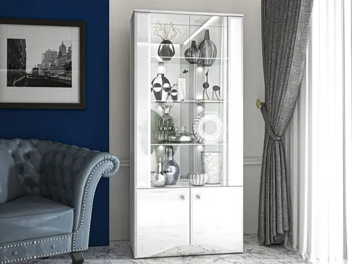 Standvitrine GLAMOUR - Hochglanz Glasvitrine 87x41x191cm - Moderne Glasvitrine mit 4 Türen und ESG-Sicherheitsglas für stilvolle Präsentation. Ideal für Ihr Wohnzimmer, bietet 5 Regalfächer und eine Soft-Close-Funktion.