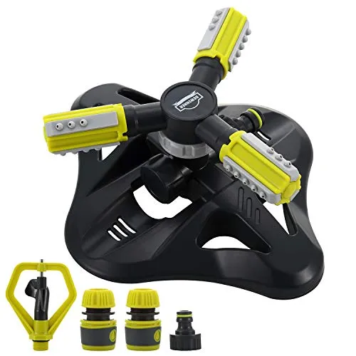 DEWINNER Garten-Wassersprinkler, Rasen, 360 Grad drehbar, automatische Bewässerung, 3 rotierende Arme verstellbar für Pflanzen, Blumen, Gemüse, 2 kreisförmige Sprühdüsen, 3 Anschlüsse
