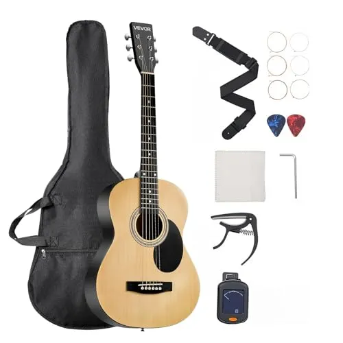 VEVOR Dreadnought Akustik Gitarre, 990,6 mm, Akustische Gitarre Set mit Gigbag, Stimmgerät, Gurt, Stahlsaiten, Plektren, Kapodaster, Palisandergriffbrett, für Anfänger und Erwachsene, Natur