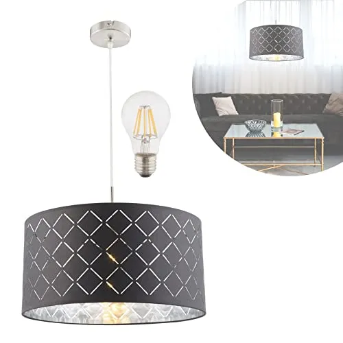bmf-versand Hängelampe Schlafzimmer Stoff Grau - Hängeleuchte Wohnzimmer LED - Pendelleuchte Esstisch mit Leuchtmittel - Esszimmerlampe Hängend Textil Lampenschirm 40 cm Höhe 140 cm