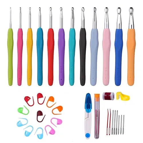 DGarnArt Häkelnadel-Set | 12 ergonomische Häkelnadeln in verschiedenen Größen | Soft-Gripp-Gummigriffe | Häkelset für Anfänger und Fortgeschrittene | Wird mit einer Häkeltasche geliefert