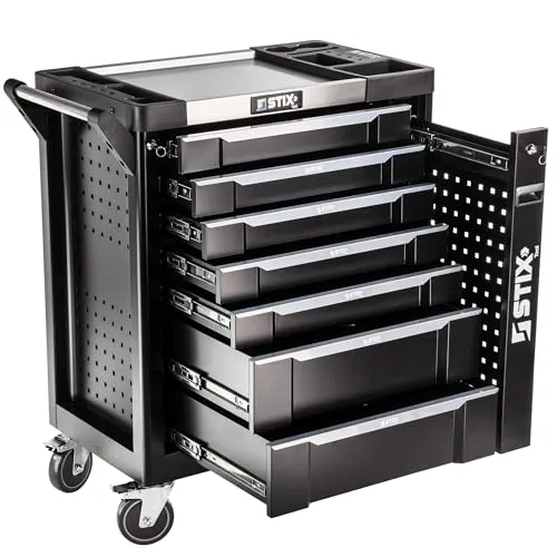 Stix Werkstattwagen UltimatePro B7 – 7 Schubladen & Cargo-Fach, Rollwagen mit Edelstahl-Arbeitsplatte, Lochwand, Profi-Qualität für Garage & Industrie