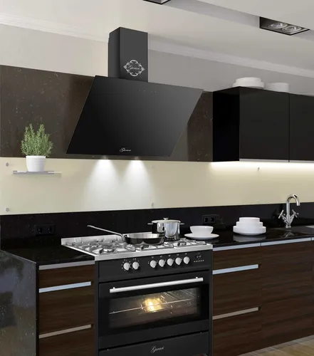 Gurari GCH 911 BL Gas Elektro Standherd 90cm mit Dunstabzugshaube - Energieeffizienter 90 cm Standherd mit Gas- und Elektro-Kombination. Ideal für vielfältige Kochmöglichkeiten. Modernes Design in Schwarz mit digitaler Anzeige.