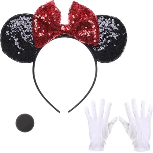 Makoto Nobu 3-teiliges Mini Maus Haarreifen, mit Glitzer Maus Ohren Roter Schleife, weiße Handschuhe und schwarze Mäusenase,für Cosplay-Kostüme, Verkleidungszubehör Partys, Festivals