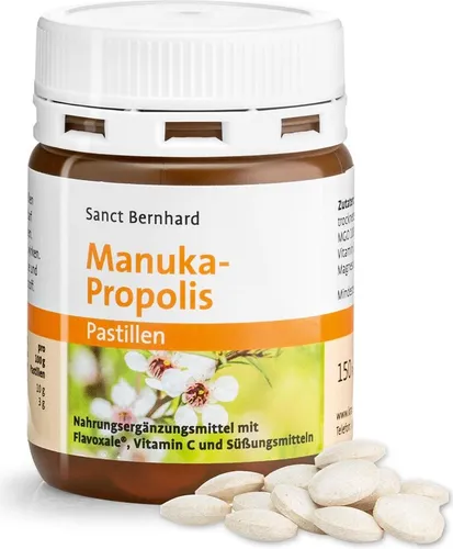 Sanct Bernhard Manuka-Propolis – 150 Pastillen - Nahrungsergänzungsmittel mit Flavoxale® und Vitamin C, unterstützt das Immunsystem und bietet intensiven Honig-Propolis-Geschmack für Wohlbefinden.