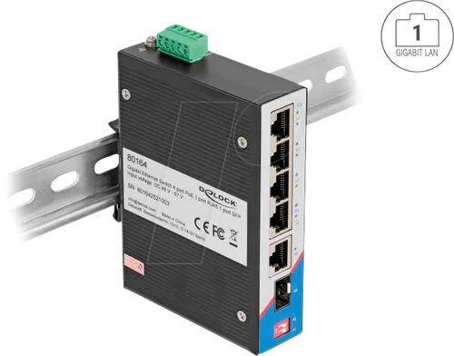 DELOCK 80164 - Industrie Gigabit Ethernet Switch 4 Port für Hutschiene - Netzwerk-Switch mit 4 PoE-fähigen Ports, ideal für IP-Kameras; robustes Metallgehäuse, redundante Spannungsversorgung und erweiterbar mit Glasfaser.
