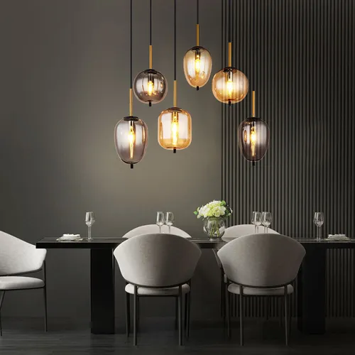 Hängeleuchte 6 Flammig - Moderne Esszimmerleuchte mit Glas in Amber und Rauchfarben - Lampen für stilvolle Beleuchtung, 6x E14 Fassungen mit inkludierten LED-Leuchtmitteln für warmweißes Licht, ideal für gemütliche Esszimmeratmosphäre.