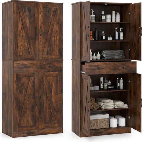 COSTWAY Hochwertiger Küchenschrank 183 cm mit 4 Türen und Schublade - Vielseitiger Vorratsschrank mit großzügigem Stauraum: 2 Schränke, 3 verstellbare Regale und eine praktische Schublade. Stabil und sicher mit Kippschutz und rutschfesten Füßen – ideal für jede Küche!