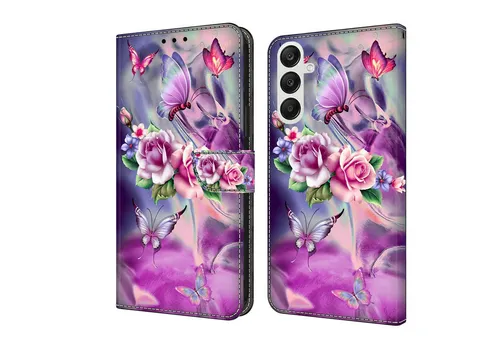 CLM-Tech Handytasche für Samsung Galaxy A56 5G Hülle aus PU-Leder Klapphülle (lila Blumen Schmetterlinge, Handyhülle mit Standfunktion - Wallet Flip Case inklusive Kartenfächer), Cover mit Magnetverschluss Samsung Galaxy A56 5G Schutzhülle