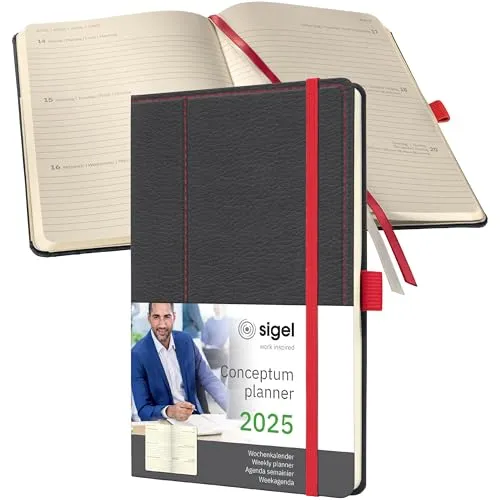 SIGEL C2555 Wochenplaner Wochenkalender 2025, Lederoptik, ca. A5, dunkelgrau/rot, Hardcover, 192 Seiten, Gummiband, Stiftschlaufe, Archivtasche, aus nachhaltigem Papier, Conceptum
