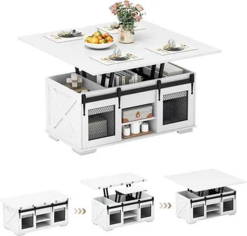 COSTWAY 3-in-1 Couchtisch mit Schiebetüren im Landhausstil