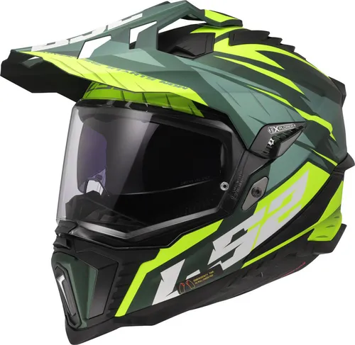 LS2 EXPLORER SPIRE Motorrad-Crosshelm Green H-V Yellow, L - Robuster und leichter Motorradhelm mit integrierbarem Sonnenschutz und optimaler Belüftung, ideal für Crossfahrer.