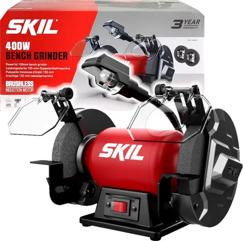 SKIL 1355 AA Tischschleifmaschine - Schleifmaschinen mit 150 mm Schleifscheiben und 400 W Motor für präzise Schleifarbeiten. Integrierte LED für optimale Sicht und verstellbarer Schutz mit Lupe.