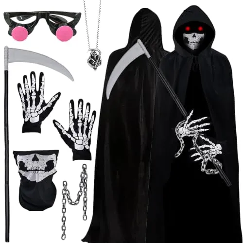 WENXUKHV Sensenmann Kostüm Set mit Sense & Maske & Kette & Handschuhe | Schwarz Umhang mit Kapuze Unisex-Kostüm mit Maske & Handschuhen & Sense für Halloween‑Abende, Maskenbälle und Kostümpartys