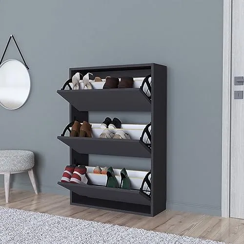 [en.casa] Schuhschrank Aurskog - Schuhkipper für 18 Paar - Schuhschrank in Anthrazit mit 3 Kipptüren, ideal für kleine Flure und sorgt für Ordnung und stilvolle Aufbewahrung.