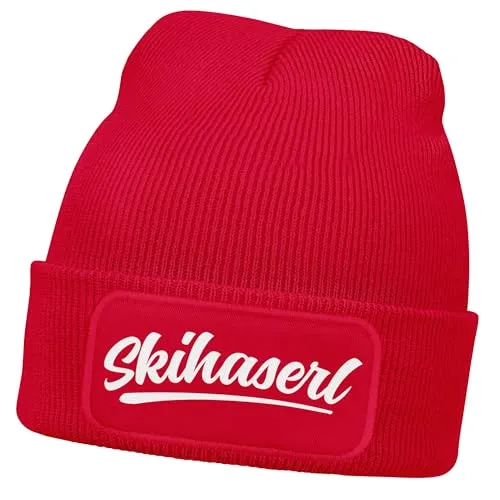 MoonWorks® Damen Beanie mit Patch Skifahren Strickmütze mit Spruch Aufdruck Skihaserl Damenmütze Rot Unisize