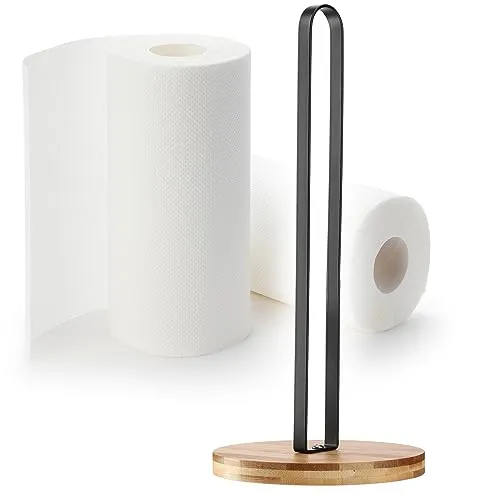 KADAX Küchenrollenhalter, 15x15x34cm Papierhandtuchhalter, Ø15cm freistehender Halter aus pulverbeschichtetem Metall und Bambusuntersatz, Rollenhalter (Schwarz)