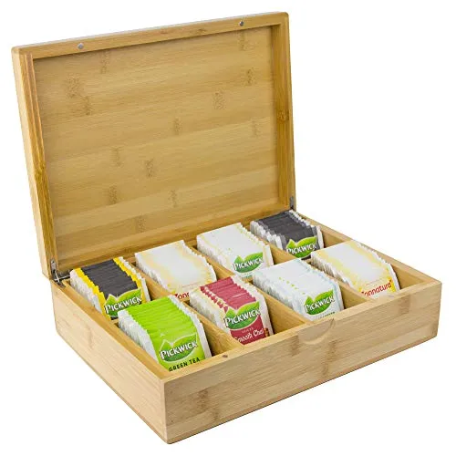 Tee Box aus Bambus mit 8 Staufächern für 160 Teebeutel [23x30x9cm] | Teekiste Groß | Teebeutelbox | Große TeeBox mit Deckel aus Bambus Holz | Teebeutel Aufbewahrungsbox | Bio Natur Teekasten
