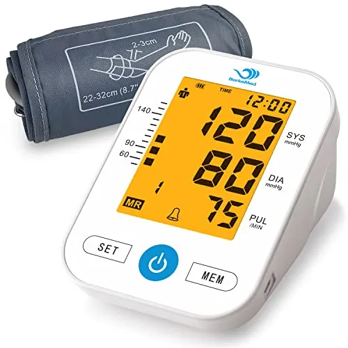 BerkeMed Blutdruckmessgerät Oberarm Mit Vollautomatische Arrhythmie-Erkennung & Pulsmessung, Großem LED Display, 2x99 Speicher, Manschette 22-32cm (Weiß)