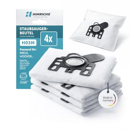 Hinrichs Staubsaugerbeutel 4er Pack kompatibel mit Miele und Hoover, H03M Ersatz für Swirl M40, EDEKA E03, DM PR20 und Rossmann R080, 3-lagig mit Hygieneverschluss