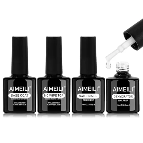 AIMEILI Nail Primer Dehydrator Base and Top Unterlack und Überlack für Nägel, Primer, Dehydrator, Top Coat und Base Coat Gel Nägel UV Soak Off Set Nail Art 4x10ml