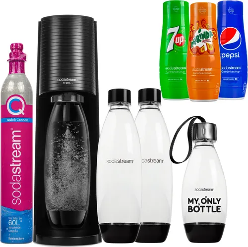 SodaStream Terra Wassersprudler Set Schwarz mit 3 Flaschen und Sirup