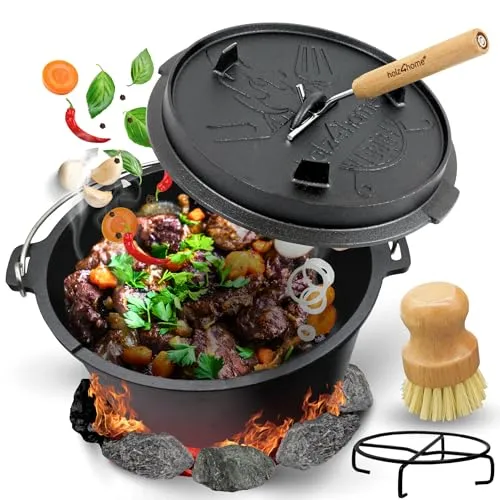 holz4home® Dutch Oven Set [9L, Mit Füßen] - Dutch Oven aus robustem Gusseisen, ideal für Garten, Camping oder BBQ. Inklusive praktisches Zubehör wie Deckelheber für müheloses Kochen und perfekte Ergebnisse beim Grillen und Schmoren.
