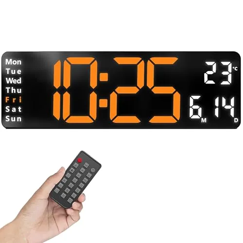 Opis Technology Clock 1 XL - Digitale Wanduhr - Retro LED Wand Uhr mit Fernbedienung, Timer & Wecker, Temperaturanzeige, dimmbares Display, Orange/Weiß