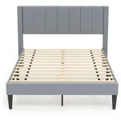 COSTWAY Bettgestell für 200x140cm Matratze, gepolstertes Doppelbettgestell, Plattformbett mit Kopfteil, Lattenrost & Fußpolster, Grau, Modell I, L - Grau