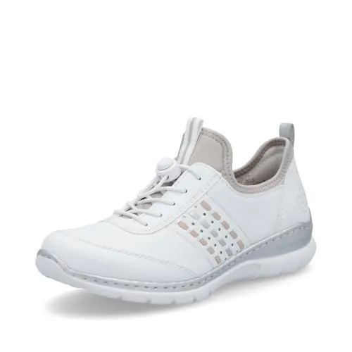 Rieker Damen Sneaker L3259 - Bequemer Schlupfschuh in Weiß - Sneaker für Damen mit Zugband und Stretcheinsatz, ideal für den Alltag. Die weiche MemoSoft-Decksohle sorgt für hohen Tragekomfort, während die rutschfeste RIRICON-Sohle Stabilität bietet.
